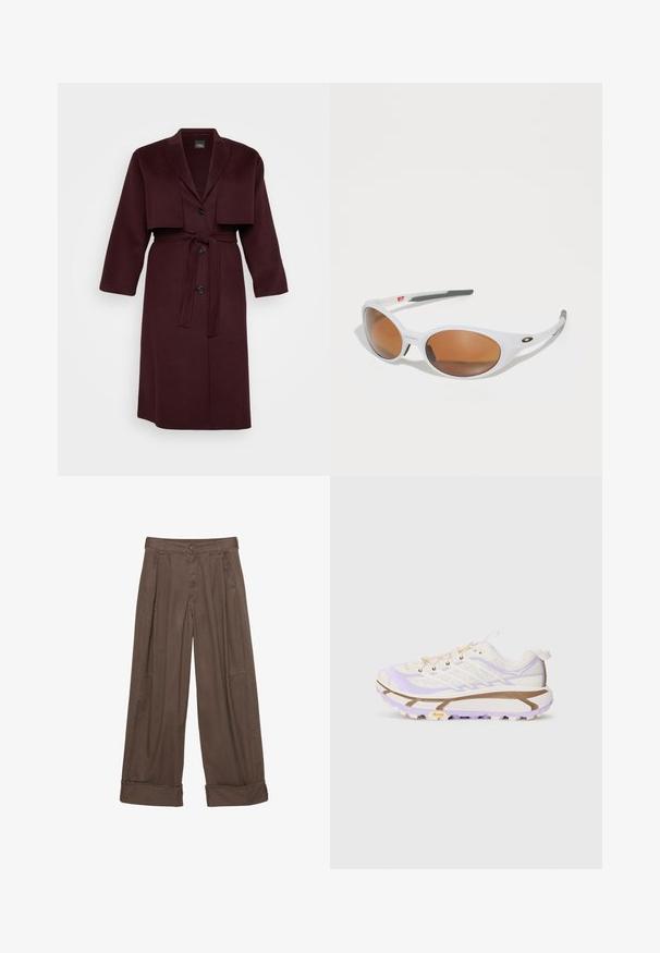 Bordo plašč iz volnenega materiala s povihanimi klapnicami, skrajšanim jakno, dvema gumboma in usklajenim pasom. Dolgi rokavi, srednje dolžine.; Bela kratka majica s kratkimi rokavi, okroglo izrezom, sproščenim krojem in rahlo ukrivljenim robom. Narejena iz gladkega, mehkega materiala z minimalnimi šivi.; Rjave široke hlače iz bombaža, ki imajo gumbasto zapiranje, nabran sprednji del in zavihke za sproščen fit.; Lahki tekaški čevlji z zgornjim delom iz kremne in sivke mreže, ojačanim gumijastim podplatom in značilnimi utori za oprijem.; Bele sončna očala z rjavimi lečami, ovalne oblike, narejena iz gladkega plastike, z sivo akcenti na ročajih in logotipom na okvirju.