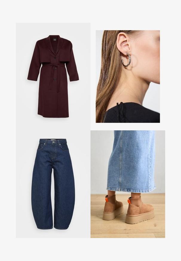 Kabát z vlněného materiálu v barvě burgundy, s klopovým límcem, krátkým kabátovým přehozem, dvěma knoflíky a odpovídajícím opaskem. Dlouhé rukávy, střední délka.; Even&Odd Petite 2 PACK - Top - light grey/black; Tmavě modré džínové kalhoty s širokým, volným střihem. Mají zipový rozparek, čtyři kapsy a kontrastní prošití podél švů.; Hnědé semišové platformové boty s elastickými bočními panely a oranžovými poutky, spárované s sukní z jasného denimu ke kolenům na dřevěné podlaze.; Stříbrný kruhový náušník s lesklým povrchem, zdobený malými zlatými akcenty, v kulatém tvaru, nošený na lalůčku.