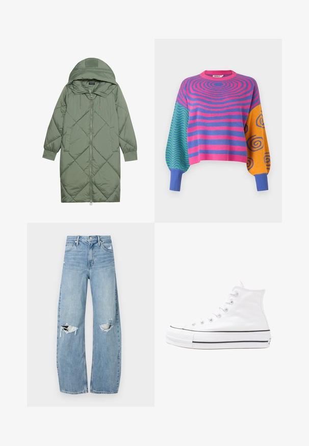 Zelený prešívaný páperový kabát s kapucňou, so zipsovým uzáverom vpredu a dvoma bočnými vreckami. Po celom povrchu je textúrovaný diamantový vzor.; Sveter s dlhým rukávom s ružovými a fialovými koncentrovanými pruhmi na tele, zeleno-modrými cikcakmi na jednom rukáve a oranžovo-modrými špirálami na druhom.; Svetlomodré, vysoké džínsy vyrobené z denimu. Majú široké nohavice, dve roztrhnuté kolená a klasický päťvreckový strih.; Biele vysoké plátené tenisky s čiernou gumovou podošvou, prednou gumovou špičkou a šiestimi okami na šnúrky, s čistým, minimalistickým dizajnom.