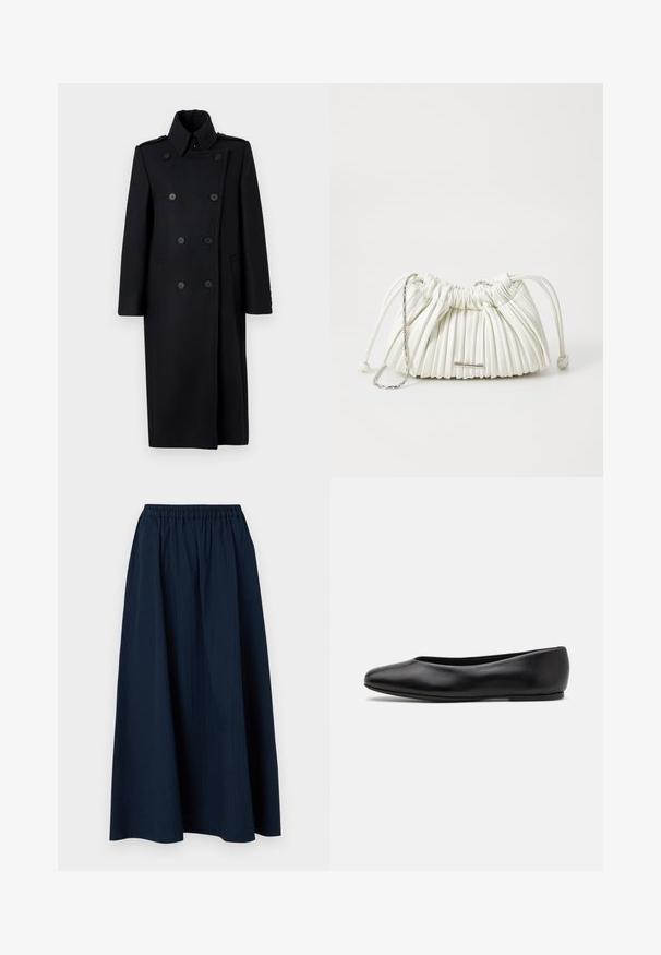 Zwarte dubbelzijdige jas met een gestructureerde kraag, uitgevoerd met twee voorzakken, decoratieve knopen en een knielange snit.; Grijze V-hals trui gemaakt van zachte wol-mix stof, met lange mouwen en een relaxed fit. Eenvoudig, minimalistisch ontwerp zonder opvallende patronen.; Marineblauwe, lange rok gemaakt van textuurstof met een elastische tailleband en subtiele verticale strepen.; Paul Smith TOPANGA - Ballerina's - black; Witte geplooide handtas gemaakt van zacht materiaal. Voorzien van een trekkoordsluiting, gevlochten handvatten en een accent van zilverkleurig hardware.