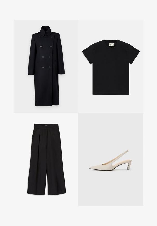Sort dobbeltradet frakke med struktureret krave, der har to forlommer, dekorative knapper og en knælang design.; Sort kortærmet t-shirt med rund hals og et hvidt mærke indeni kraven, mærket "D.R.C. EST. 2002" på hvid baggrund.; Sorte bukser med bred benvidde, læg, bæltestropper og sidelommer. Glat stof med skræddersyet finish. Ingen synlige metaldele eller mønstre.; Beige lædersko med spids tå og slingback-design, der har udskæringer, 5 cm blokhæl og en glat tekstur. Sorte såler detaljer.