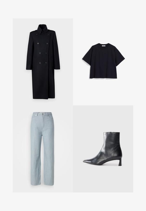 Cappotto nero doppiopetto con colletto strutturato, dotato di due tasche frontali, bottoni decorativi e design fino al ginocchio.; T-shirt a maniche corte blu navy realizzato in cotone morbido, con una vestibilità comoda, scollatura rotonda e design minimalista. Senza motivi o dettagli visibili.; Jeans dritti blu chiaro in denim. Presentano cinque tasche, una chiusura con bottone in metallo e leggere sfumature per aggiungere texture.; Stivaletto in pelle nera con punta affusolata e design elegante. Presenta un tacco basso e una chiusura con zip sul retro. Texture liscia.