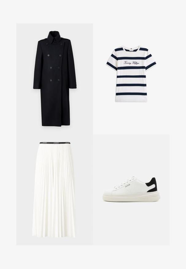Sort dobbeltradet frakke med struktureret krave, der har to forlommer, dekorative knapper og en knælang design.; T-shirt i bomuld med vandrette marineblå striber på en hvid baggrund. "Tommy Hilfiger" broderet i kursiv på brystet. Rund hals.; Plisseret hvid nederdel med en sort elastisk talje, der har "LACOSTE"-logoet. Mellemlang design med blød tekstur.; Hvide lædersneakers med en tyk hvid sål, sort ruskindhælvægt og prægede logoer på siden. Snørebåndsdesign med seks øjer.
