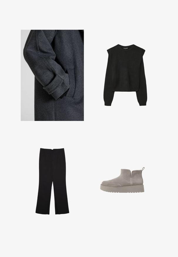 Cappotto di lana grigio scuro con silhouette aderente, polsini visibili e dettaglio con tasca laterale. Tessuto morbido e design strutturato.; Maglione nero a maniche lunghe in maglia con spalle imbottite e polsini e orlo a coste, mostrato su uno sfondo bianco.; Pantaloni neri a gamba dritta, con tasche frontali e spacchi laterali all'orlo. Realizzati in tessuto morbido e liscio. Adatti a diverse occasioni.; Stivale alla caviglia in suede grigio, dal profilo basso, con pannelli laterali elastici e suola in gomma testurizzata. Presenta un inserto per una facile calzata.