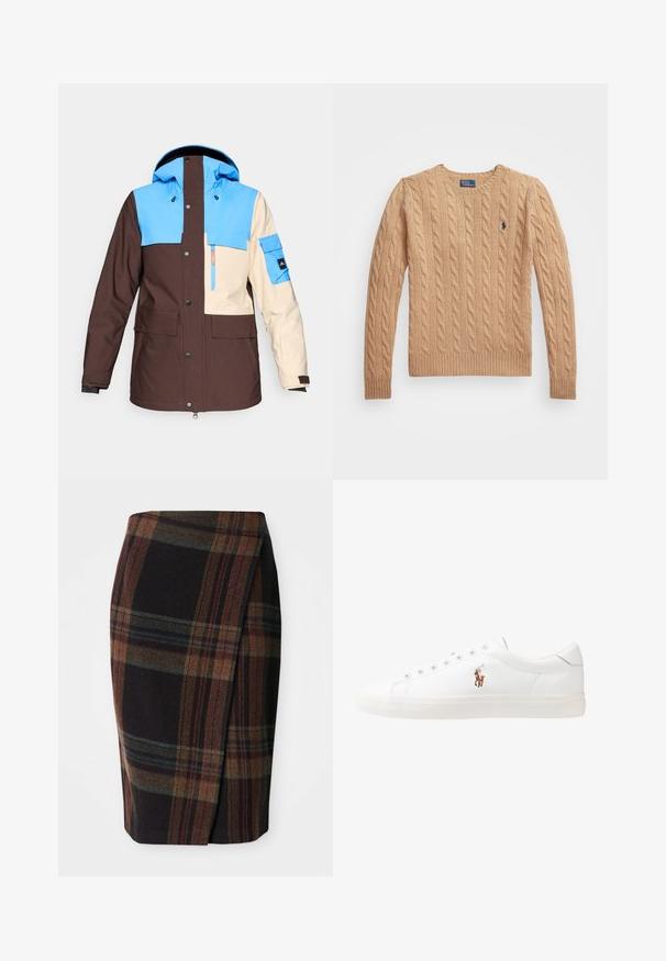 Veste isolante colorée avec un corps marron, des accents bleus et crème, une capuche, plusieurs poches et des fermetures à pression/boutons.; Pull en maille torsadée beige avec un col rond, des poignets et un ourlet côtelés, et un petit logo sur la poitrine gauche. Tissu doux et texturé.; Polo en coton blanc avec un col classique, des manches courtes et un logo brodé bleu marine sur la poitrine gauche. Patte de boutonnage à cinq boutons.; Jupe crayon en tartan de couleurs sombres avec des motifs horizontaux et verticaux. Fabriquée en laine, elle dispose d'une fente sur le côté pour faciliter les mouvements.; Baskets en cuir blanc, design bas, avec une texture lisse, bout rond, lacets à l'avant et un petit logo brodé sur le côté.