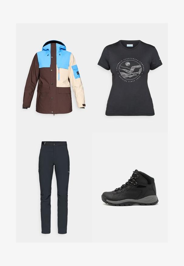 Bunte isolierte Jacke mit braunem Körper, blauen und cremefarbenen Akzenten, Kapuze, mehreren Taschen und Druckknopf-/Knopfverschlüssen.; Schwarzes Columbia-T-Shirt mit weißer kreisförmiger Berg- und Fluss-Linienkunst und dem Text "Columbia Sportswear Company - Draußen seit 1938."; Herren Outdoor-Hosen, dunkelgrau, aus flexiblem Material, mit einem Gürtel, Reißverschlusstaschen und verstärkten Nähten.; Schwarzer Wanderstiefel mit einem mittelhohen Design, ausgestattet mit einer strukturierten Oberfläche, grauen Akzenten und einer robusten Gummisohle mit Profilstollen.