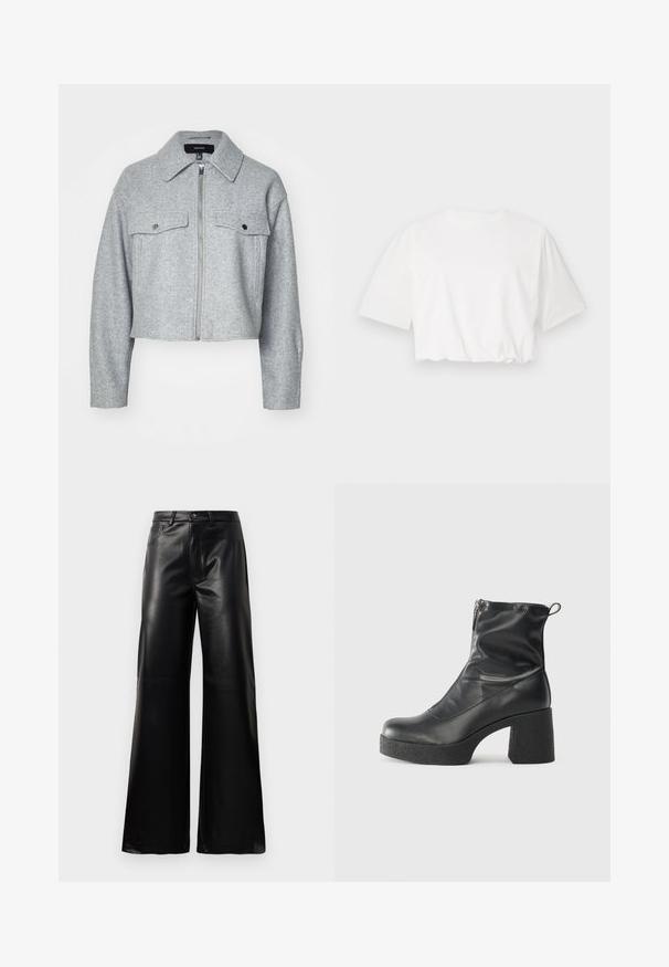 Skraćeni sivi sako od mekanog materijala, s prednjim zatvaračem, dva džepa na prsima s kopčama na dugme i oštrim kragnom.; Bijela skraćena majica s kratkim napuhanim rukavima, okruglim izrezom i nabranim donjim rubom, izrađena od mekanog pamučnog materijala.; Crne visoke široke hlače od umjetne kože s prednjim gumbom, zatvaranjem na zip, petljama za pojas i bočnim džepovima na bijeloj pozadini.; Crne gležnjače od glatke kože, s bočnim zatvaračem, debelim teksturiranim potplatom i dizajnom s zaobljenim prstima.