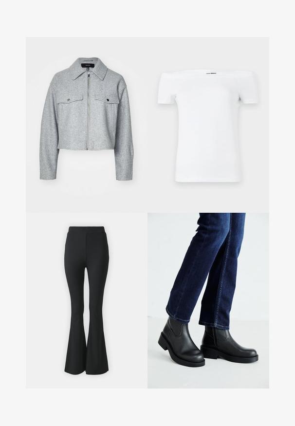 Beskåret grå jakke lavet af blødt stof, med en lynlås foran, to brystlommer med trykknaplukninger og en spids krave.; Hvid off-shoulder t-shirt med korte ærmer, lavet af blødt bomuldsstof, med en tætsiddende pasform og en lige bundkant.; Sorte buks med flared design lavet af strækbart stof. Har en høj talje og et glat, tætsiddende design, der flared ud fra knæet og ned.; Sorte læder ankelstøvler med en kraftig sål og elastiske sider, parret med mørkeblå jeans. Gulvet er lysfarvet.
