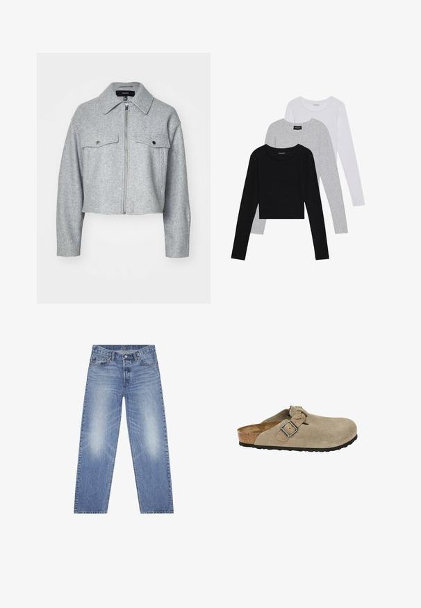 Saplēsts pelēks žakets, izgatavots no mīkstas auduma, ar priekšējo rāvējslēdzēju, divām krūšu kabatām ar sprādžu aizdari un uzgaļveida apkakli.; Trīs garām piedurknēm veidotas augšdaļas, sakrautās: melna, pelēka un balta. Katram ir noapaļots kakla izgriezums un īsa dizaina forma ar gludu, vieglu audumu.; Gai zili denima džinsi ar taisno kāju griezumu, piecu kabatu dizainu un redzamu izbalēšanu uz augšstilbiem. Iespējami pogu aizdara un jostas cilpas.; Bēšas zamšādas klumpes ar noapaļotu purngali, regulējamu siksnu un sprādzi, korķa vidussole un reljefotu melnu gumijas zoli labākai saķerei.