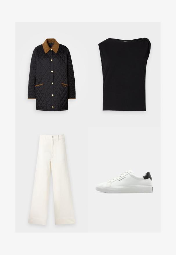 Μαύρο σακάκι με επένδυση, με καφέ κοτλέ γιακά, χρυσά κουμπιά και αντίθετες ραφές, διαθέτει δύο μπροστινές τσέπες και διακριτική σήμανση.; Μαύρο κοντομάνικο τοπ από λεία ύφανση. Διαθέτει στρογγυλή λαιμόκοψη και ραφή στους ώμους. Απλός, στενός σχεδιασμός.; Φαρδιές παντελόνες από ανοιχτό μπεζ βαμβάκι. Διαθέτουν ψηλή μέση, μπροστινές τσέπες και ευθεία γραμμή. Καθαρό τελείωμα χωρίς σχέδια.; Λευκό αθλητικό παπούτσι με λεία φινίρισμα, μαύρη λεπτομέρεια στη φτέρνα και σχέδιο που δένει με κορδόνια. Φέρει το λογότυπο "Calvin Klein" στην πλευρά. Μινιμαλιστικός σχεδιασμός.