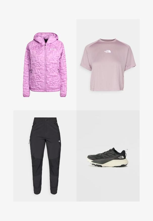 Lyserød isoleret jakke med hætte, prydet med diamantquiltet tekstur, fuld frontlynlås og to sidelommer. Terrex-logo vist.; Beskåret t-shirt i lys lavendel. Fremstillet af blødt stof med rund halsudskæring og korte ærmer. Har et hvidt logo på brystet.; Sorte udendørsbukser lavet af slidstærkt stof. Har lynlåslommer, forstærkede knæpaneler og en lige skæring for bedre bevægelighed.; Sort atletiksko med en tekstureret overdel, prydet med grå accenter og en hvid mellemsål. Inkluderer en trækslynge og en fremtrædende mærkelogo på hælen.