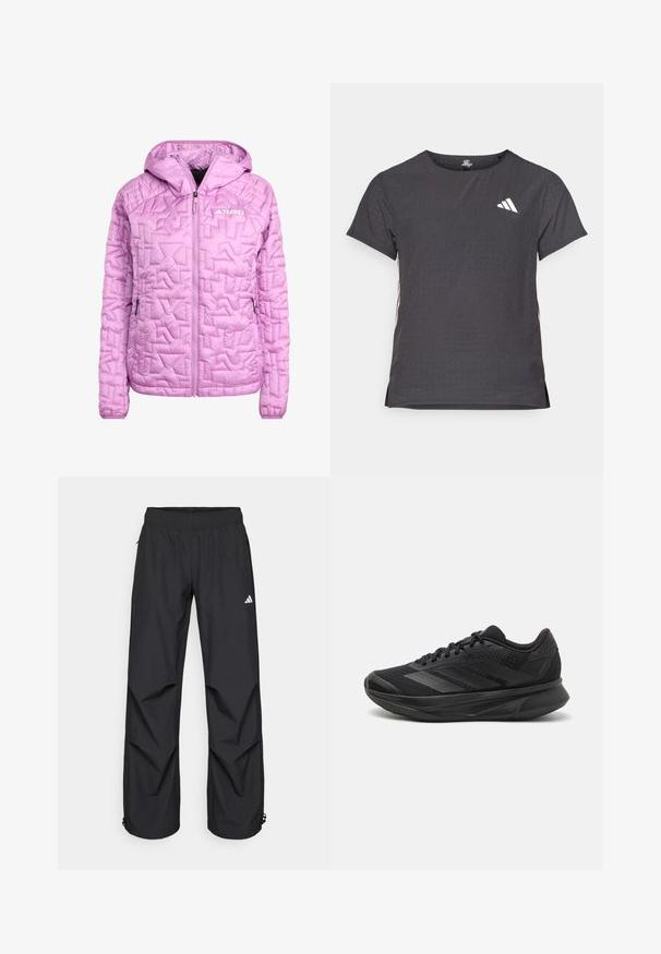 Svijetlo roza termo jakna s kapuljačom, s dijamantnim šavovima, punim prednjim zatvaračem i dva bočna džepa. Prikazan Terrex logo.; Majica kratkih rukava za sport, tamno siva s perforiranim uzorkom. Ima bijeli logo i kontrastne bočne pruge. Zaobljeni izrez.; Crne, lagane, vodootporne hlače s elastičnom strukom, bočnim džepovima i podesivim manžetama. Sadrži bijeli logo na lijevom bedru.; Crne trkaće tenisice s prozračnom mrežastom gornjom konstrukcijom, zaobljenim prstima, elegantnim dizajnom, teksturiranim detaljima i mekanim potplatom za udobnost.