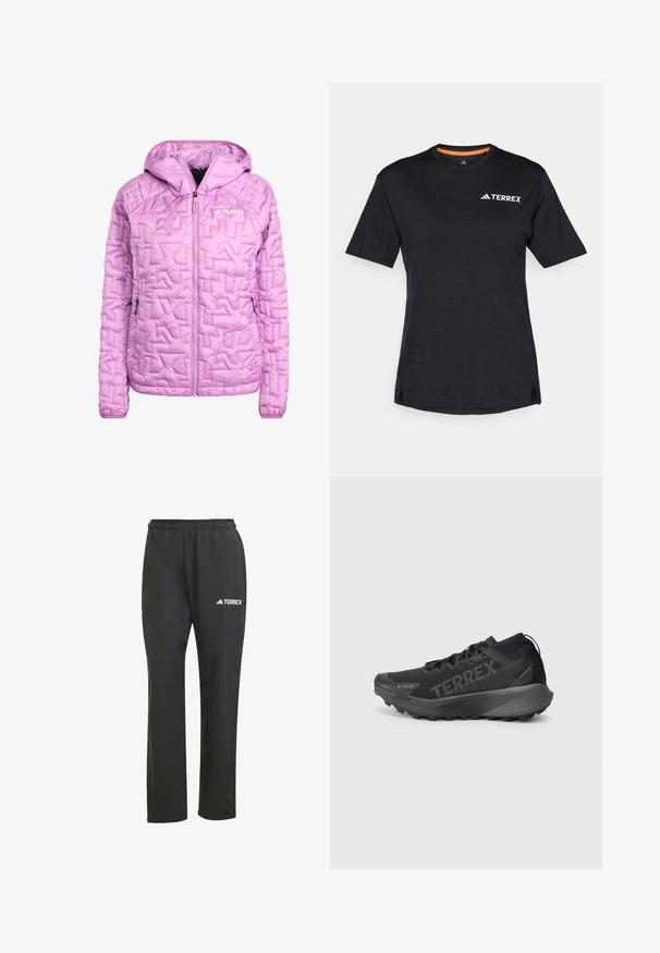 Světle růžová zateplená bunda s kapucí, zdobená diamantovým prošíváním, plným předním zipem a dvěma bočními kapsami. Zobrazeno logo Terrex.; Černé tričko s krátkým rukávem a kulatým výstřihem, s jemnou melanžovou strukturou a bílým logem "TERREX" na levé horní straně.; Černé lehké kalhoty s elastickým pasem. Obsahují jemné bílé logo "TERREX". Hladká tkanina a rovný střih.; Černá běžecká obuv Terrex s texturovaným svrškem, tuhou podrážkou a výrazným brandingem. Má polstrovanou patu pro podporu a trakci.