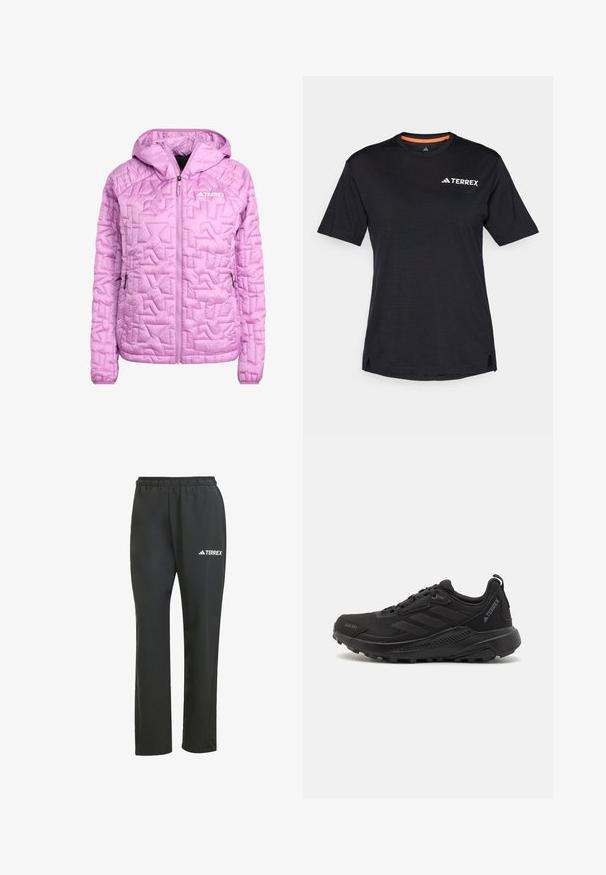 Lyserød isoleret jakke med hætte, prydet med diamantquiltet tekstur, fuld frontlynlås og to sidelommer. Terrex-logo vist.; Sort kortærmet T-shirt med rund halsudskæring, der har en subtil meleret tekstur og hvid "TERREX"-logo på den øverste venstre side.; Sorte letvægtsbukser med elastisk talje. Har et diskret "TERREX" logo i hvid. Glat stof og lige ben-design.; Sorte atletiske sko med en tekstureret syntetisk overdel, snørebåndslukning, tyk gummisål og diskrete logoakkenter på siden og hælen.