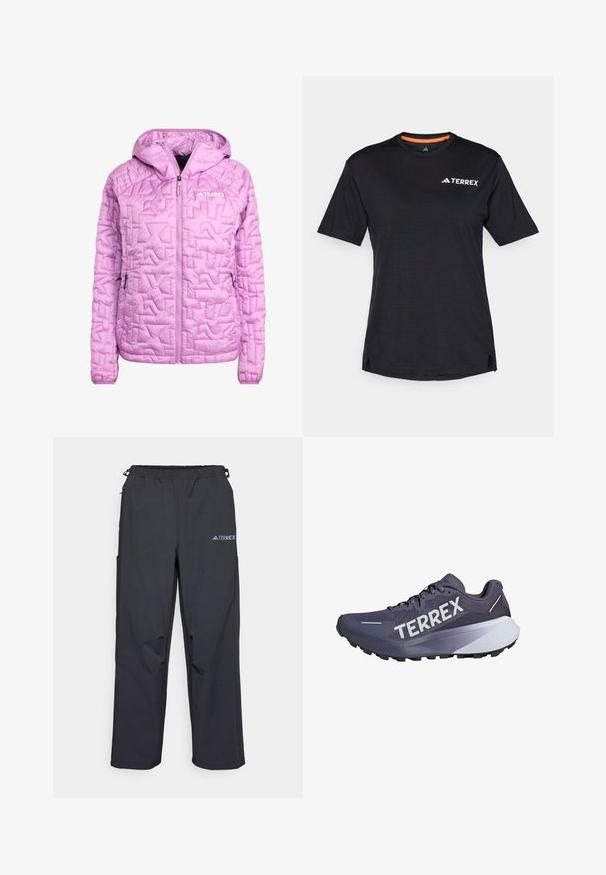 Chaqueta aislante de color rosa claro con capucha, con textura de acolchado en diamante, cremallera frontal completa y dos bolsillos laterales. Logo de Terrex visible.; Camiseta negra de manga corta con cuello redondo, que presenta una sutil textura jaspeada y el logo blanco "TERREX" en la parte superior izquierda.; Pantalones outdoor ligeros y negros con cintura elástica, bolsillos laterales y un logo en la parte superior de la pierna derecha. Tejido liso y resistente al agua.; Zapatilla de correr púrpura con parte superior de malla, distintivo logo "TERREX" en negrita, suela texturizada y un diseño en capas que presenta acentos en blanco y gris oscuro.