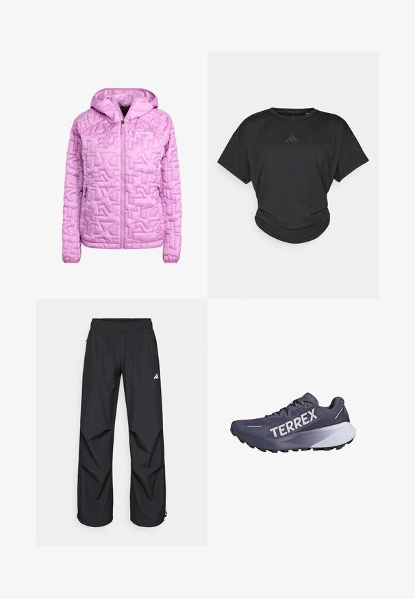 Lyserød isoleret jakke med hætte, prydet med diamantquiltet tekstur, fuld frontlynlås og to sidelommer. Terrex-logo vist.; Sort atletisk t-shirt med korte ærmer, rund halsudskæring og en let krøllede bund. Har et diskret mørkt logo på brystet.; Sorte, letvægts, vandtætte bukser med elastisk talje, sidelommer og justerbare manchetter. Har et hvidt logo på venstre lår.; Lilla løbesko med mesh-overdel, iøjnefaldende "TERREX" branding, tekstureret sål og lagdelt design med hvide og mørkegrå accenter.