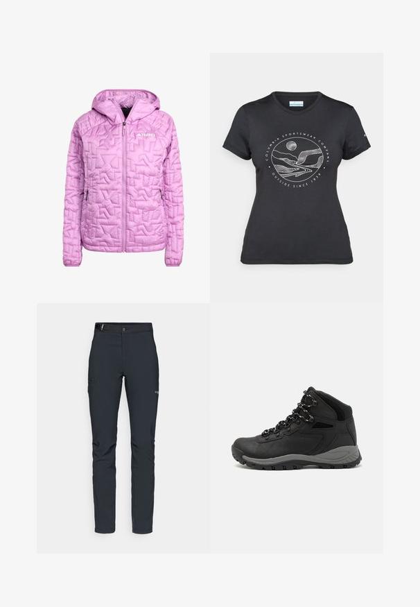 Světle růžová zateplená bunda s kapucí, zdobená diamantovým prošíváním, plným předním zipem a dvěma bočními kapsami. Zobrazeno logo Terrex.; Černé tričko Columbia s bílým kruhovým uměleckým ztvárněním hor a řeky a textem "Columbia Sportswear Company Outside Since 1938."; Pánské outdoorové kalhoty, tmavě šedé, vyrobené z flexibilního materiálu, s pásem, zipovými kapsami a vyztuženým švem.; Černé turistické boty s mírně vyšším střihem, které mají texturovaný svršek, šedé detaily a odolnou gumovou podrážku s trakčními výstupky.