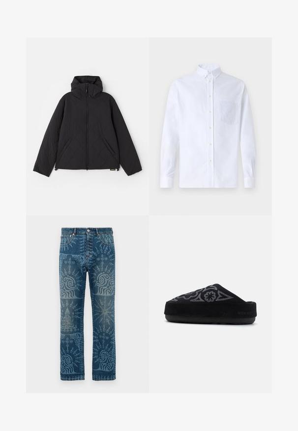 Black quilted jacket with a hood, featuring a front zipper, side pockets, and a smooth texture. The design includes wave-like patterns.; White long-sleeve button-up shirt made of cotton, featuring a chest pocket with tonal embroidery, a collar, and button cuffs.; Denim jeans in a medium blue wash, featuring intricate light blue patterns, straight leg design, classic five-pocket style, and button closure.; Black suede slip-on shoe with embroidered design, rounded toe, thick sole, and the text "MOON BOOT" on the heel. Textured surface.