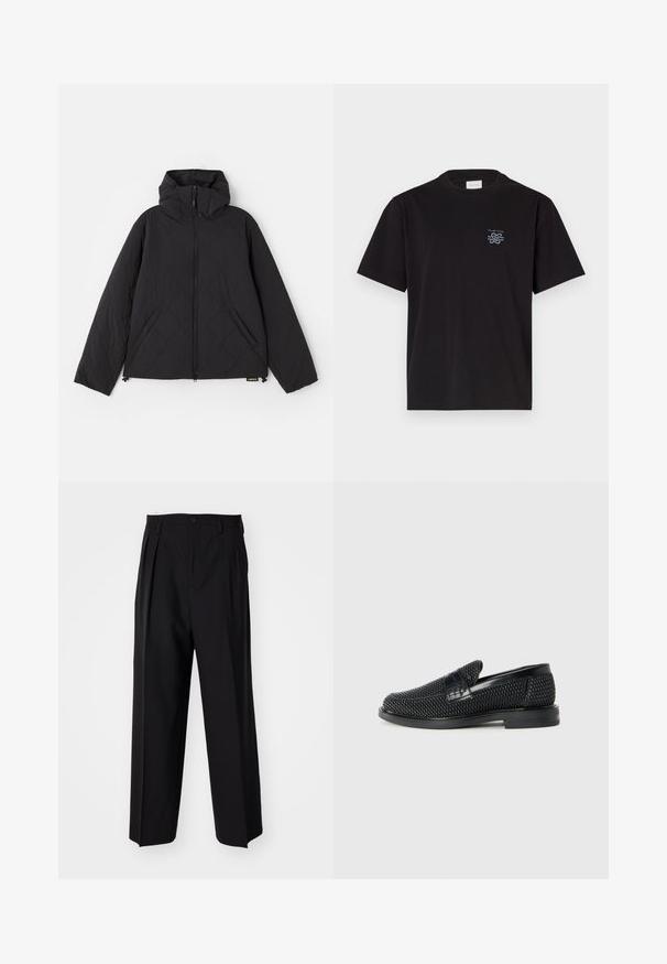 Schwarze gesteppte Jacke mit Kapuze, ausgestattet mit einem Reißverschluss vorne, seitlichen Taschen und einer glatten Textur. Das Design enthält wellenartige Muster.; Schwarzes Baumwoll-T-Shirt mit Rundhalsausschnitt und kurzen Ärmeln. Mit einem kleinen blauen Logo auf der linken Brust. Einfaches, gerade geschnittenes Design.; Schwarze, plissierte Hose mit geradem, weitem Bein. Hergestellt aus glattem Stoff, mit Knopfverschluss und Gürtelschlaufen.; Schwarzer geflochtener Slipper mit einem glatten Lederakzent im Obermaterial, einem runden Zehendesign und einer flachen Gummisohle.