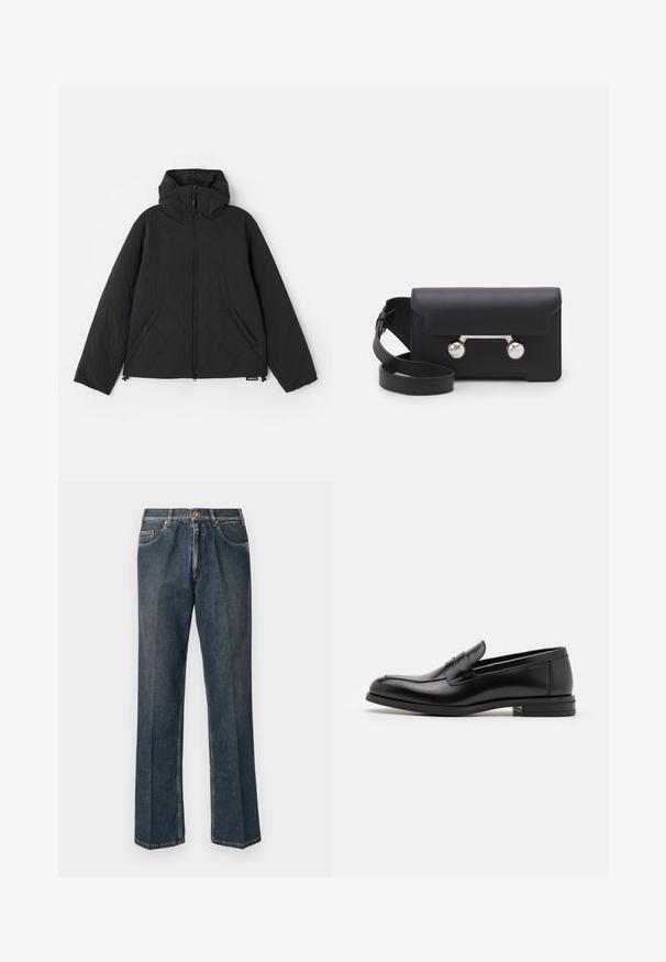 Zwarte gewatteerde jas met capuchon, voorzien van een rits aan de voorkant, zijzakken en een gladde textuur. Het ontwerp bevat golvende patronen.; Navy blauwe T-shirt met korte mouwen met witte tekst "neanche per sogno" gecentreerd op de borst, ronde hals, maat medium.; Donkerblauwe rechte spijkerbroek met een knoopsluiting aan de voorkant, rits, dubbele voorzakken en zichtbare verticale plooien langs de benen.; Zwarte leren instappers met een gladde textuur, ronde neus en een decoratieve band over de wreef. Lage, gestapelde hak en minimalistisch ontwerp.; Zwarte leren schoudertas met een klep, zilverkleurige hardware en twee ronde accenten. Voorzien van een afneembare schouderriem. Soepele textuur.