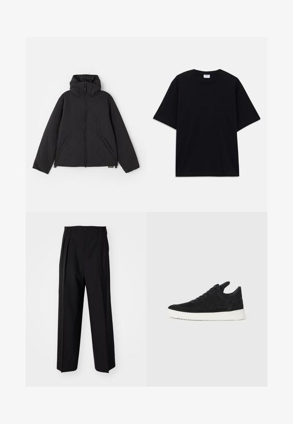 Schwarze gesteppte Jacke mit Kapuze, ausgestattet mit einem Reißverschluss vorne, seitlichen Taschen und einer glatten Textur. Das Design enthält wellenartige Muster.; Schwarzes, oversized T-Shirt mit kurzen Ärmeln und rundem Ausschnitt, mit sichtbarem Filippa K Markenlabel im Kragen.; Schwarze, plissierte Hose mit geradem, weitem Bein. Hergestellt aus glattem Stoff, mit Knopfverschluss und Gürtelschlaufen.; Schwarze Wildleder-Sneaker mit einer weißen Gummisohle, die sich durch elegante Nähte und ein schnürbares Design auszeichnen. Glatte Textur mit einer modernen, stromlinienförmigen Form.
