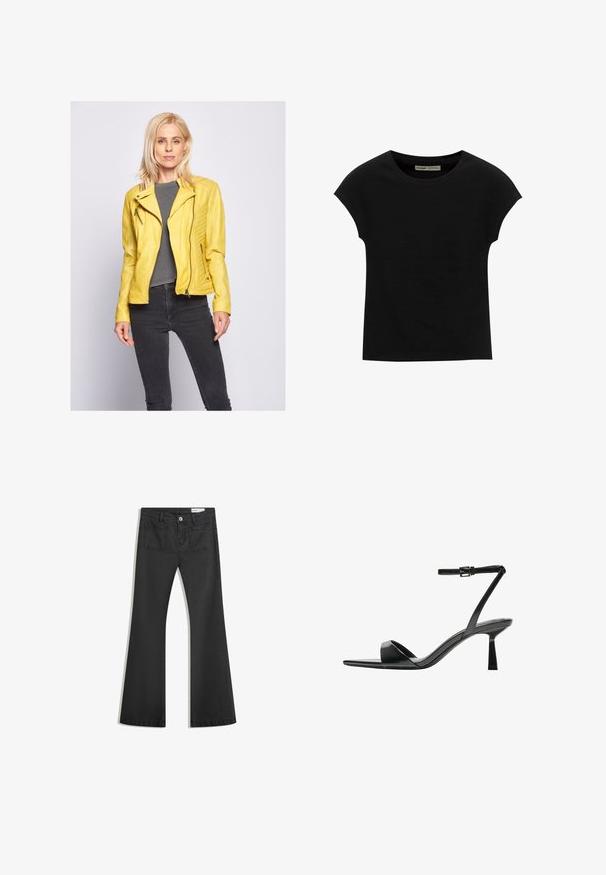 Żółta skórzana kurtka motocyklowa z asymetrycznym zapięciem, pikowanymi akcentami na ramionach, w połączeniu z szarym topem i czarnymi dżinsami.; Czarna koszulka z krótkim rękawem i okrągłym dekoltem. Wykonana z gładkiej, elastycznej bawełny. Prosty design bez wzorów i grafik.; Czarne dżinsy w fasonie z dzwonami, wykonane z denimu o gładkiej teksturze, z dwiema tylnymi kieszeniami i zapięciem na guzik w talii.; Bershka - Sandały na obcasie
