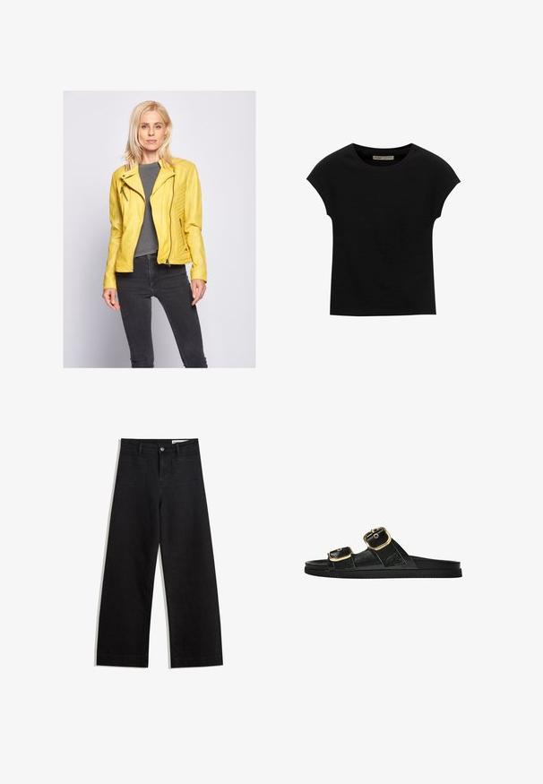 Geel leren motorjack met asymmetrische rits, gewatteerde schouderaccenten, gecombineerd met een grijze top en zwarte jeans.; Zwarte korte mouwen t-shirt gemaakt van zachte stof, met een ronde halslijn en een ontspannen pasvorm, met een gladde textuur en zonder patronen.; Zwarte denim broek met wijde pijpen en een hoge taille, voorzien van voor- en achterzakken, gestikte naden en een knoopsluiting. Gladde textuur.; Zwarte slipper met twee gouden gesps, gladde textuur, platte zool en een minimalistisch ontwerp.