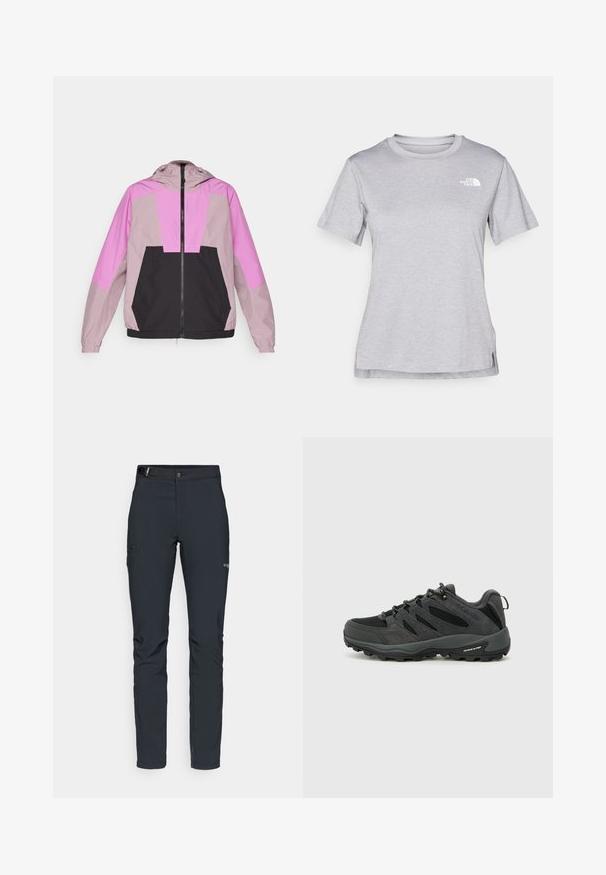 Lichtgewicht gewatteerde jas met een kleurblokontwerp in tinten roze en zwart. Gemaakt van gladde stof met elastische manchetten en een ritssluiting.; Grijze T-shirt met korte mouwen, gemaakt van zachte, vochtabsorberende stof. Heeft een ronde hals en een klein wit logo op de bovenste linkerzijde.; Heren buitenbroeken, donkergrijs, gemaakt van flexibel materiaal, met een riem, ritszakken en verstevigde stiksels.; Columbia REDMOND - Outdoorschoenen - black/citron haze