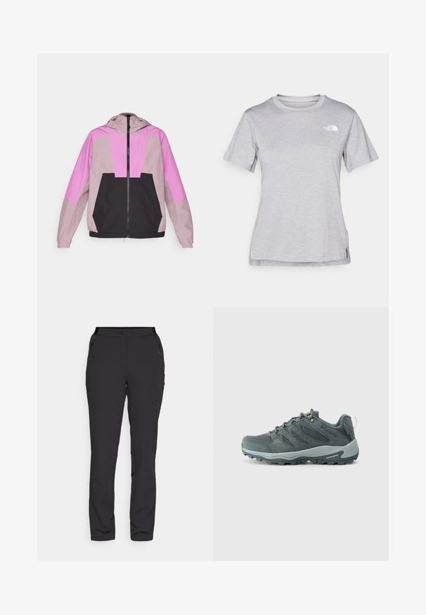 Lightweight hooded jacket featuring a color-block design in shades of pink and black. Made from smooth fabric with elastic cuffs and a zip closure.; Grey short-sleeve t-shirt made of soft, moisture-wicking fabric. Features a crew neck and a small white logo on the upper left.; Black outdoor pants, made of lightweight fabric, feature a straight leg design, zippered side pockets, and an adjustable waistband.; Dark grey hiking shoes with mesh and suede upper, lace-up design, cushioned sole, and rugged outsole with grip pattern.