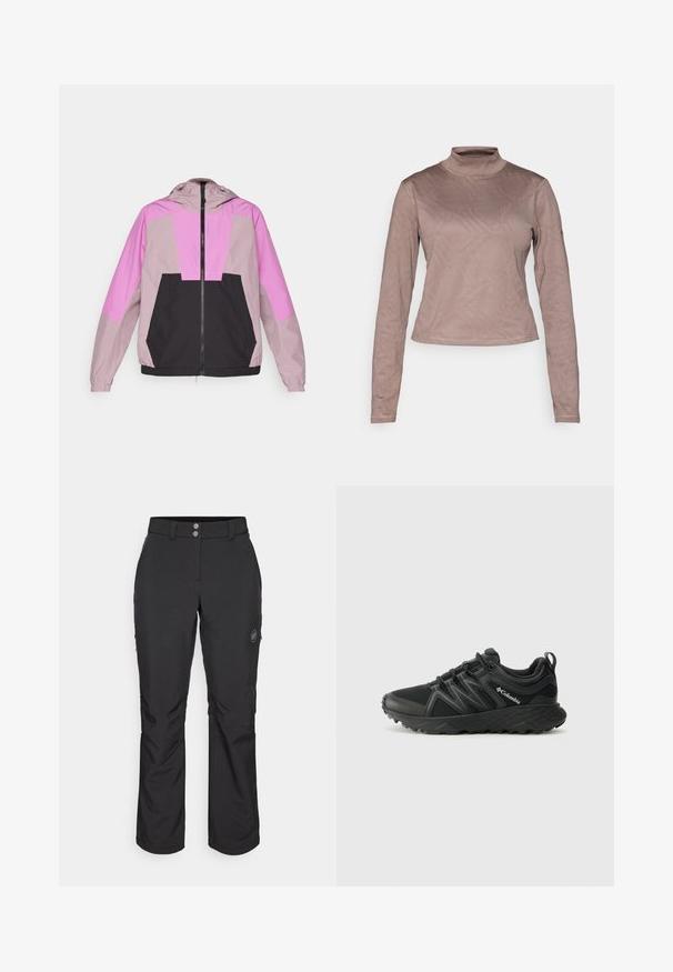 Lichtgewicht gewatteerde jas met een kleurblokontwerp in tinten roze en zwart. Gemaakt van gladde stof met elastische manchetten en een ritssluiting.; Columbia GRANITE POINT™ - Longsleeve - iron; Zwarte outdoor pants met een rechte snit, voorzien van een knoopsluiting, ritszakken aan de zijkant en een logo-label op de linker bovenbeen.; Columbia PEAKFREAK - Outdoorschoenen - black