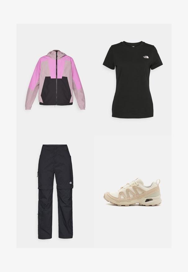 Lightweight hooded jacket featuring a color-block design in shades of pink and black. Made from smooth fabric with elastic cuffs and a zip closure.; Black cotton t-shirt featuring a crew neckline and short sleeves. Notable white logo on the upper left side. Smooth texture, casual fit.; Black nylon zip-off cargo trousers with adjustable cuffs, multiple pockets, and a logo on the right leg. Smooth, lightweight texture.; Beige and cream athletic shoe with textured mesh upper, supportive overlays, and rubber outsole featuring a tread pattern for traction.