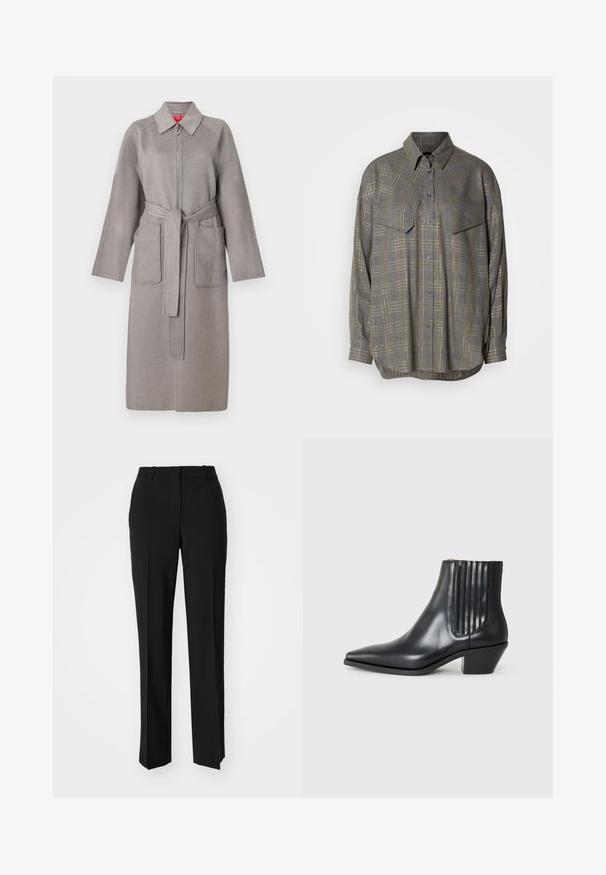 Šedý vlněný kabát se zipem vpředu, velkými našitými kapsami a odnímatelným páskem. Má špičatý límec a volné rukávy.; Šedá košile na knoflíky vyrobená z texturované látky, s mřížkovým vzorem v světlejších odstínech, límečkem a dvěma náprsními kapsami.; Černé kalhoty na míru se střihem do rovna, které mají hladkou texturu a ostré sklady na přední straně. Bez viditelného kování.; Černá kožená kotníková bota s špičatou špičkou, elastickými bočními panely s vertikálními drážkami a nízkým blokovým podpatkem. Hladká textura a elegantní design.