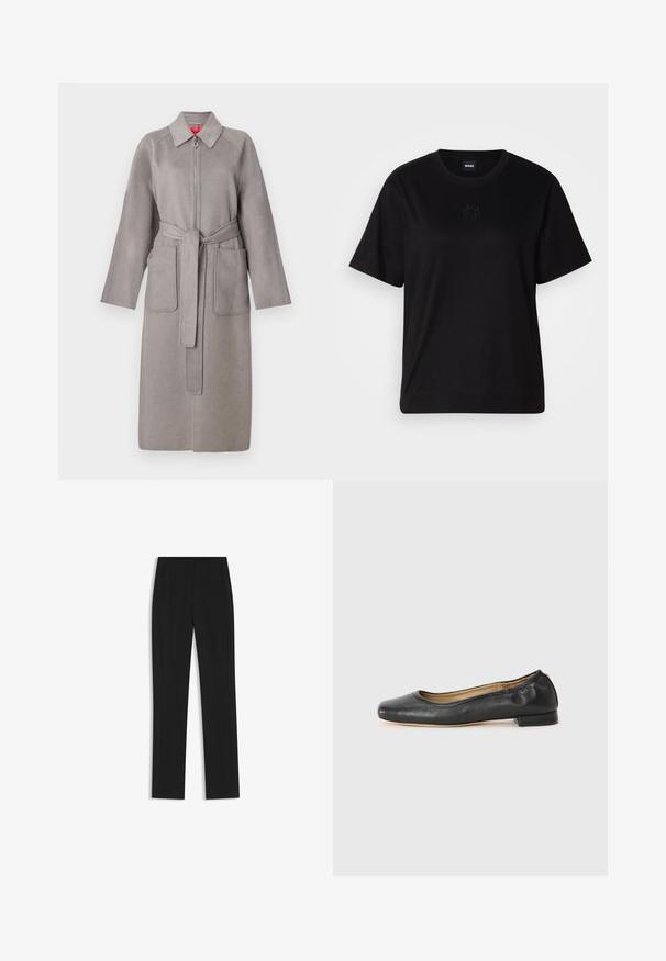 Cappotto in lana grigia con zip frontale, grandi tasche applicate e cintura staccabile. Presenta un colletto appuntito e maniche ampie.; Maglietta in cotone nera con scollatura tonda, maniche corte e logo ricamato sul petto. Design semplice e vestibilità rilassata senza motivi.; Pantaloni neri su misura con un design a gamba dritta, dotati di tasche frontali e un tessuto liscio e strutturato. Dettagli ordinati e minimalisti.; Ballerine in pelle nera con punta arrotondata e cuciture minime. Tacco basso e rettangolare, con texture liscia. Dettaglio discreto sulla fodera interna.