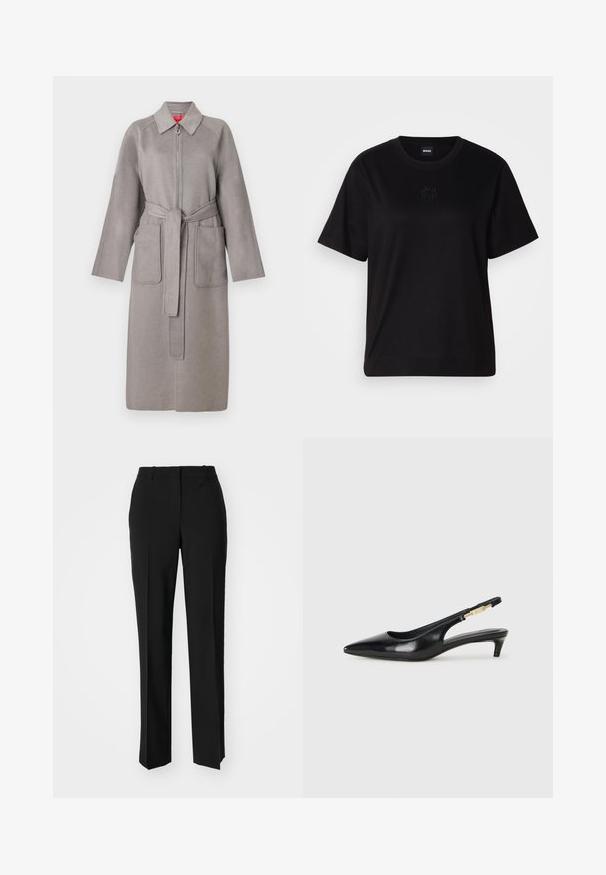 Szary wełniany płaszcz z zamkiem z przodu, dużymi naszywanymi kieszeniami i odczepianym paskiem. Posiada szpiczasty kołnierz i luźne rękawy.; Czarny bawełniany t-shirt z okrągłym dekoltem, krótkimi rękawami i haftowanym logo na piersi. Prosty, luźny krój bez wzorów.; Czarne spodnie o dopasowanym kroju z prostymi nogawkami, o gładkiej fakturze i wyraźnych zagięciach z przodu. Bez widocznych elementów metalowych.; Czarne skórzane szpilki typu slingback z ostrym noskiem, posiadające smukły obcas i złoty akcent na regulowanym pasku. Gładka tekstura.