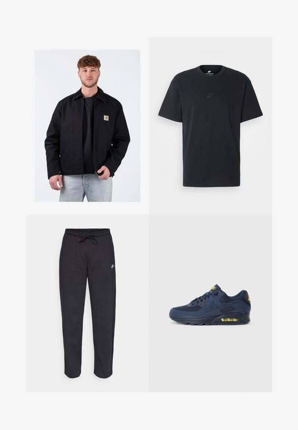 Czarna kurtka z brązowym kołnierzem z kordurowej tkaniny, z suwakami z przodu, lewą kieszenią na piersi i logo marki. Noszona na czarnym t-shircie i jasnoniebieskich dżinsach.; Czarny bawełniany t-shirt Nike z klasycznym okrągłym dekoltem, krótkimi rękawami oraz subtelnym, wytłoczonym logo na piersi. Gładka tekstura.; Czarne dresy wykonane z miękkiego materiału, z elastycznym pasem, sznurkiem do ściągania i małym logo Nike na lewej udzie.; Granatowe sneakersy Nike Air Max z cholewką z zamszu i siateczki, z żółtymi akcentami, sznurowanym przodem oraz widoczną poduszką powietrzną w podeszwie.