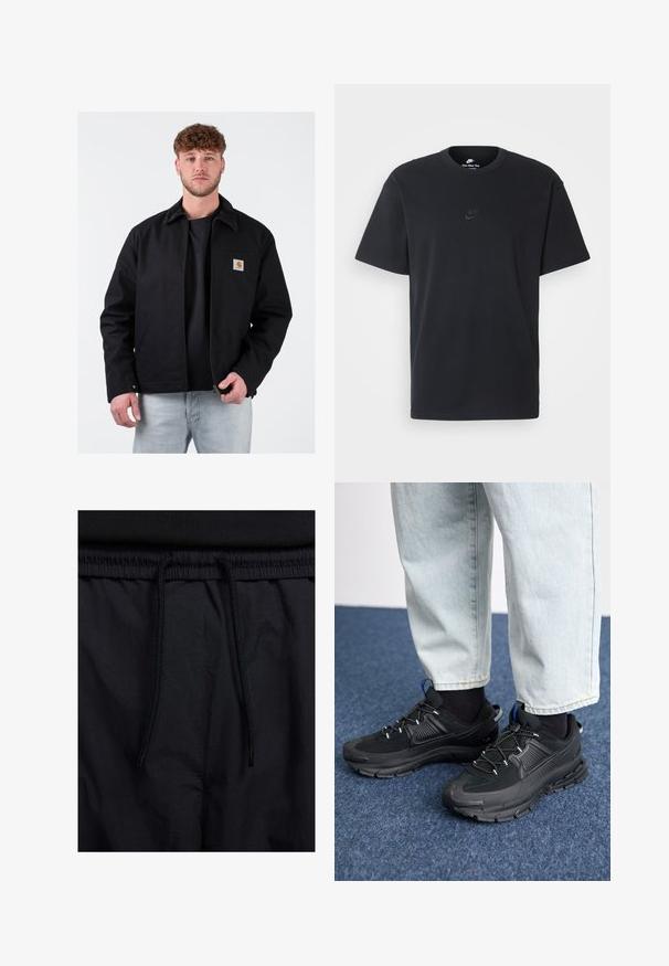 Melna jakas ar brūnu korduroja apkakli, priekšējo rāvējslēdzēju, kreiso krūšu kabatu un zīmola logo. Valkāta virs melna T-kreklu un gaiši zilām džinsām.; Nike melns kokvilnas T-krekls ar klasisku piegriezumu, īsām piedurknēm un smalku, reljefu logotipu uz krūškurvja. Gluda tekstūra.; Melni šorti ar sašūtu jostu, viegls audums ar gludu tekstūru un vienkāršs dizains bez redzamiem logotipiem vai paraugiem.; Melni sporta apavi ar strukturētu audumu un gumijas zoli, ar elastīgām auklām un zilu akcentu uz papēža. Nēsāti ar gaišām džinsu biksēm.