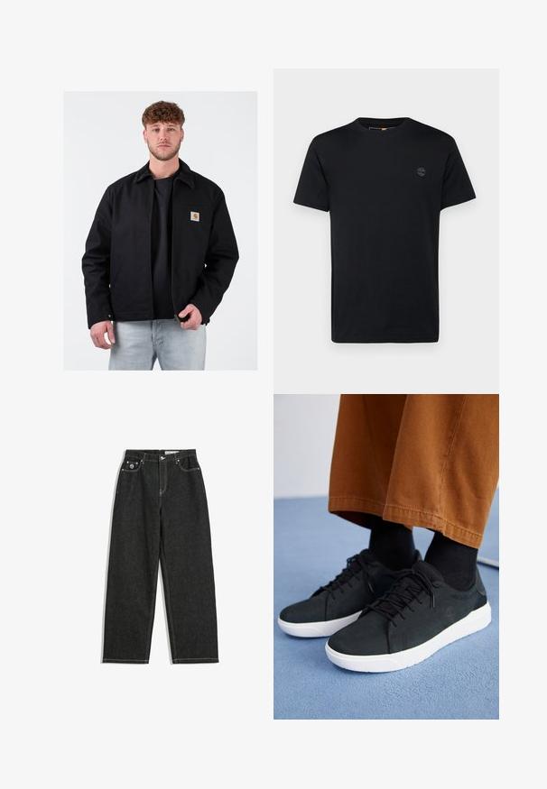 Černá bunda s hnědým kordovým límcem, předním zipem, kapsou na levé hrudi a značkovým logem. Nositá přes černé tričko a světle modré džíny.; Černé bavlněné tričko s kulatým výstřihem, krátkými rukávy a malým vyšitým logem na hrudi. Hladká textura, klasický střih.; Černé džíny rovného střihu s bílým prošíváním, design se pěti kapsami, zapínání na knoflík a zip a malé logo na přední pravé kapse.; Černé semišové tenisky s bílými gumovými podešvemi, s šněrovacím designem, texturovanými detaily a jemným logem, spárované s hnědými kalhotami.