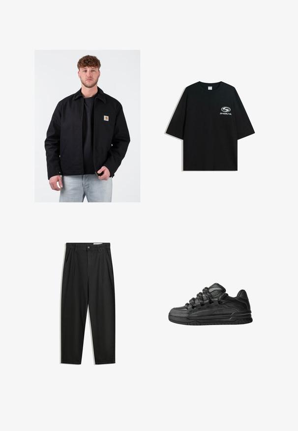 Fekete dzseki barna kordbársony gallérral, elülső cipzárral, bal mellzsebbel és márkás logóval. Fekete póló és világoskék farmernadrág felett viselve.; Fekete, oversized pamut póló kerek nyakkal és rövid ujjakkal, az elején fehér "Shibuya" logóval.; Fekete pamut nadrág laza szabással, klasszikus derékrésszel, elülső hajtásokkal és oldalsó zsebekkel. Simább textúra minta nélkül.; Fekete sportcipők sima bőrből készült felső résszel, struktúrált kiegészítőkkel, valamint kerek fekete és fehér fűzőkkel. Vastag gumitalp mintázott bordázattal.