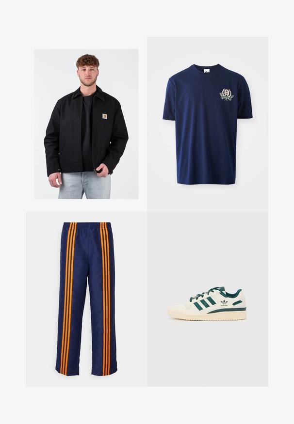 Must, kus on pruun sametist krae, ees tõmblukk, vasakul rinnal tasku ja brändi logo. Seljas must t-särk ja heledad sinised teksad.; Tumesinine puuvillane t-särk lühikeste varrukatega, ümar kaelus ja tikandlogo, millel on loorberivõrsed vasakul rinnal.; Tumesinised püksid, millel on kogu pinnal mustriline tekstuur ja igal küljel kolm julget oranži triipu. Ülal elastne vöökoht.; Valged tossud roheliste aktsentidega. Omab kolme rohelise triibuga, tekstureeritud varbakaitset ja logo küljel. Kummist tallaga, millel on tekstureeritud muster.