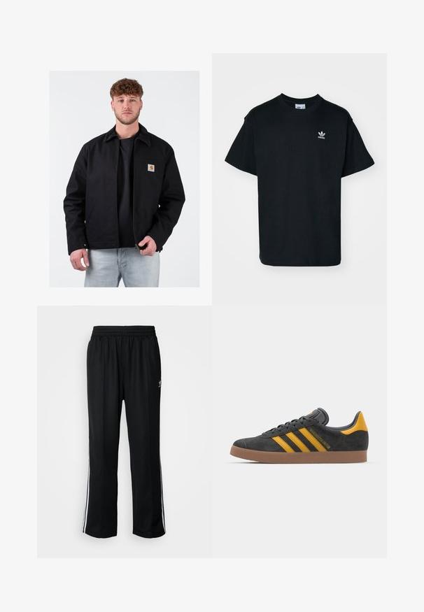 Casaco preto com um colarinho de veludo cotelê castanho, fecho zíper à frente, bolso no lado esquerdo do peito e logo da marca. Usado sobre uma t-shirt preta e jeans azul claro.; T-shirt preta de algodão com gola redonda e mangas curtas, apresentando um pequeno logótipo branco da Adidas na área do lado esquerdo do peito.; Calças atléticas pretas com um cós elástico, apresentando riscas brancas laterais e um pequeno logótipo. O material parece macio e leve.; Tenis em camurça preta com detalhes amarelos, apresentando três riscas e uma sola de borracha castanha. Inclui uma língua acolchoada para maior conforto.