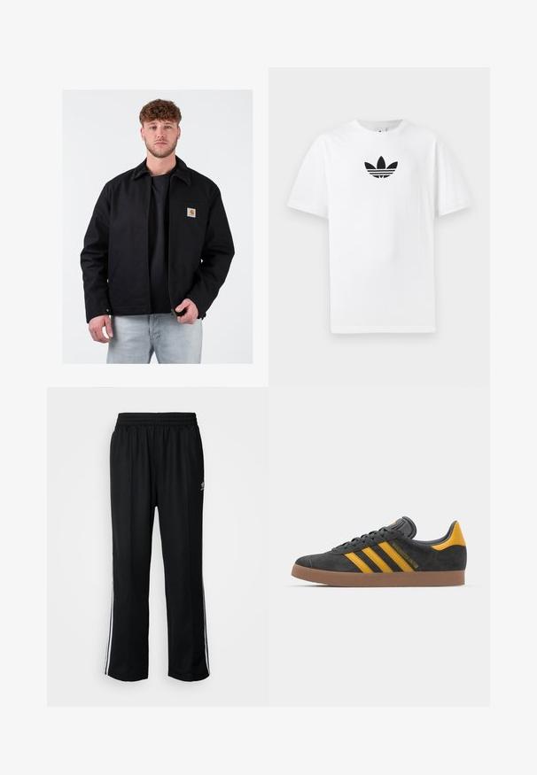 Must, kus on pruun sametist krae, ees tõmblukk, vasakul rinnal tasku ja brändi logo. Seljas must t-särk ja heledad sinised teksad.; Valge puuvillane T-särk, millel on must Adidas logo keskel. Lühikesed varrukad ja ümmargune kaelus. Sile tekstuur.; Mustad mustad spordipüksid elastse vöökohaga, millel on valged küljeread ja väike logo. Materjal tundub pehme ja kerge.; Mustad sametist spordijalatsid kollaste aktsentidega, millel on kolm triipu ja pruun kummitald. Mugavuse tagamiseks on neil pehmendatud keele osa.
