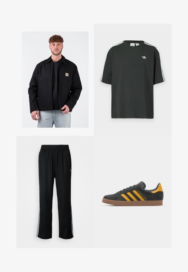 Crna jakna s smešanim kordura ovratnikom, prednjim zatvaračem, džepom na lijevoj strani grudi i brendiranim logom. Nosi se preko crne majice i svijetloplavih traperica.; Crna pamučna majica kratkih rukava, s okruglim izrezom i bijelim detaljima u obliku triju pruga na ramenima. Na prsima se nalazi mali bijeli logotip.; Crne sportske hlače s elastičnom trakom oko struka, s bijelim bočnim prugama i malim logotipom. Materijal izgleda mekan i lagan.; Crne nubuk tenisice s žutim detaljima, sa tri pruge i smešnim gumenim potplatom. Imaju jastučić na jeziku za udobnost.