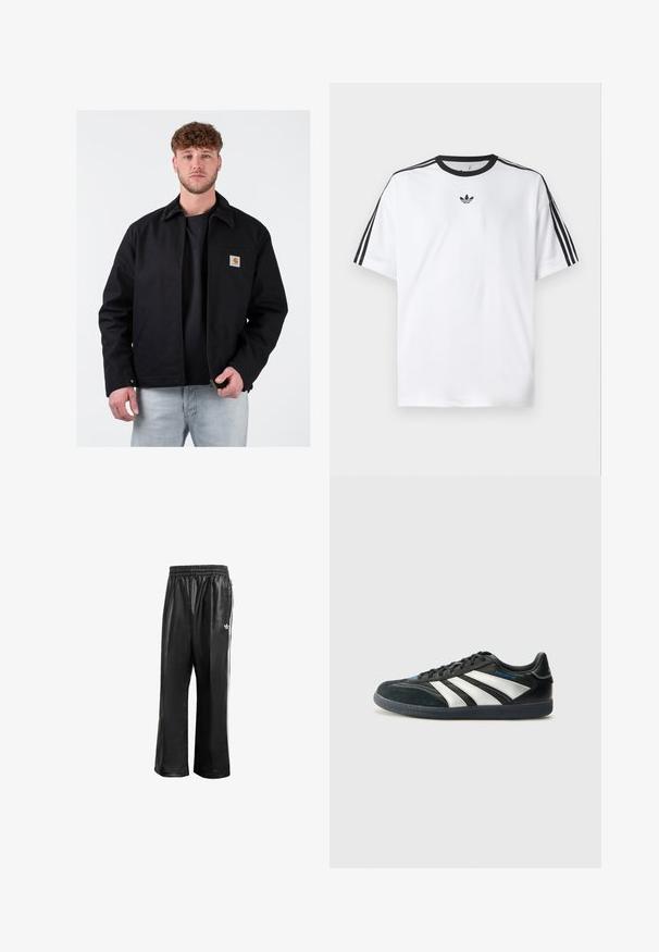 Svart jacka med krage i brunt manchester, framdragkedja, vänster bröstficka och märkeslogotyp. Bärs över en svart t-shirt och ljusblå jeans.; Vit T-shirt i bomull, med svart rund halsringning och tre svarta ränder på varje axel. Litet svart logotyp på bröstet.; Svarta syntetiska löparbyxor med elastisk midja, prydda med vita sidosträck och en liten vit logotyp på vänster höft.; adidas Performance PREDATOR FREESTYLE JUDE INDOOR FOOTBALL SHOES - Inomhusfotbollsskor - core black/silver-coloured/glory blue