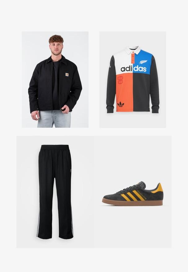 Juodas švarkas su rudomis kordūrinėmis apykaklėmis, priekinis užtrauktukas, kairėje krūtinės pusėje kišenė ir su prekės ženklu. Dėvimas ant juodos marškinėlių ir šviesiai mėlynų džinsų.; Juodos, baltos, oranžinės ir mėlynos spalvų blokų ilgų rankovių polo marškiniai su apykakle, mygtukų užsegimu ir išskirtiniu Adidas ženklinimu.; Juodi sportiniai keliai su elastingu juosmeniu, su baltais šonais ir mažu logotipu. Atrodo, kad medžiaga yra minkšta ir lengva.; Juodas zomšinės sportbačiai su geltonais akcentais, turintys tris juosteles ir rudą gumos padą. Apima paminkštintą liežuvėlį patogumui.