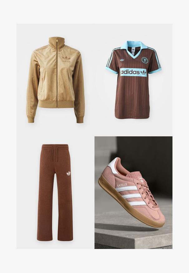 Šviesiai ruda velūrinė striukė su užtrauktuku ir aukštu apykakle. Savybės: pūstos rankovės ir apatinis kraštas, šoninės kišenės bei siuvinėtas logotipas ant krūtinės.; Ruda sportinė marškinė su šviesiai mėlynu apykaklės ir juostuotais akcentais. „Adidas“ logotipas aiškiai matomas per krūtinę.; Rudos sportinės kelnės iš minkštos medžiagos, laisvo kirpimo, su elastingu juosmeniu, raišteliu ir baltu logotipu kairiajame šlaunyje.; Rožiniai zomšiniai sportbačiai su baltais dryžiais, guminėmis apatine dalimi, tekstūruotu viršumi ir logotipu ant liežuvėlio. Klasikinis žemas dizainas.