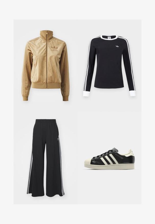 Barna velúr zipzáros dzseki magas gallérral. Bordás mandzsettákkal és aljjal, oldalsó zsebekkel, és hímzett logóval a mellen.; Fekete, hosszú ujjú póló fehér gallérral és mandzsettákkal, fehér csíkokkal a ujjak mentén, valamint kis fehér Adidas logóval a bal mellkason.; Fekete, bő szárú melegítőnadrág, rugalmas derékkal, fehér oldalsávokkal és hímzett logóval a bal combon.; Fekete bőrsneaker fehér csíkokkal, gumírozott orral, fekete fűzővel és krém színű talppal. Simaság és fényes felület jellemzi.