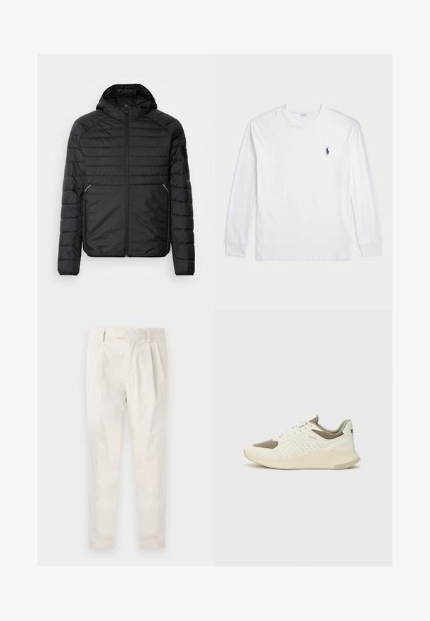 Juodas paminkštintas švarkas su kapišonu, su vertikaliai siūtu raštu, priekiniais užtrauktukais, šoniniais kišenėmis ir akcentiniu kišeniu kairiajame rankovėje.; Balta ilgomis rankovėmis marškinėliai iš medvilnės. Gali būti apvalios formos kaklas, raukšlės ant rankovių, ir nedidelis tamsiai mėlynas polo logotipas kairėje krūtinės pusėje.; Balti, susiūtos kelnes, turinčios pritaikytą siluetą, pasižyminčias lygia tekstūra, dirželio kilpomis ir siaurėjančiomis kojomis. Nėra matomų kišenių ar raštų.; Baltas ir šviesiai bežinis sportinis kedas, su tinklo viršumi, perforuotais detalėmis ir tekstūruotu tarpine su logotipu ant kulno.