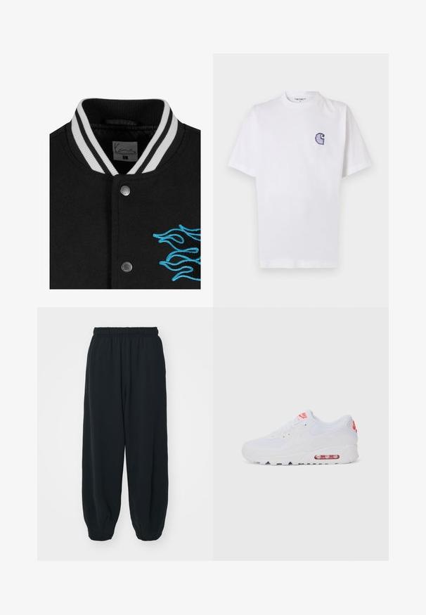 Juoda universiteto striukė su balta juostele apykaklėje, spaudžių mygtukų uždarymu ir ryškiai mėlyna liepsnos siuvinėjimu kairėje pusėje.; Baltas medvilninis marškinėlis trumpomis rankovėmis, apvalia iškirpte ir mažu siuvinėtu mėlynu „C“ logotipu kairėje krūtinės pusėje.; Juodi, su elastiniu juosmeniu sportiniai kelnės su laisvu siluetu, suapvalintais kulkšnimis, lygia tekstūra ir be matomų raštų ar metalinių akcentų.; Baltos sportinės sneaker'iai, turintys lygų paviršių, raištelių uždarymą, paminkštintą padą ir matomą oro vienetą su raudonomis akcentais ant prekės ženklo.