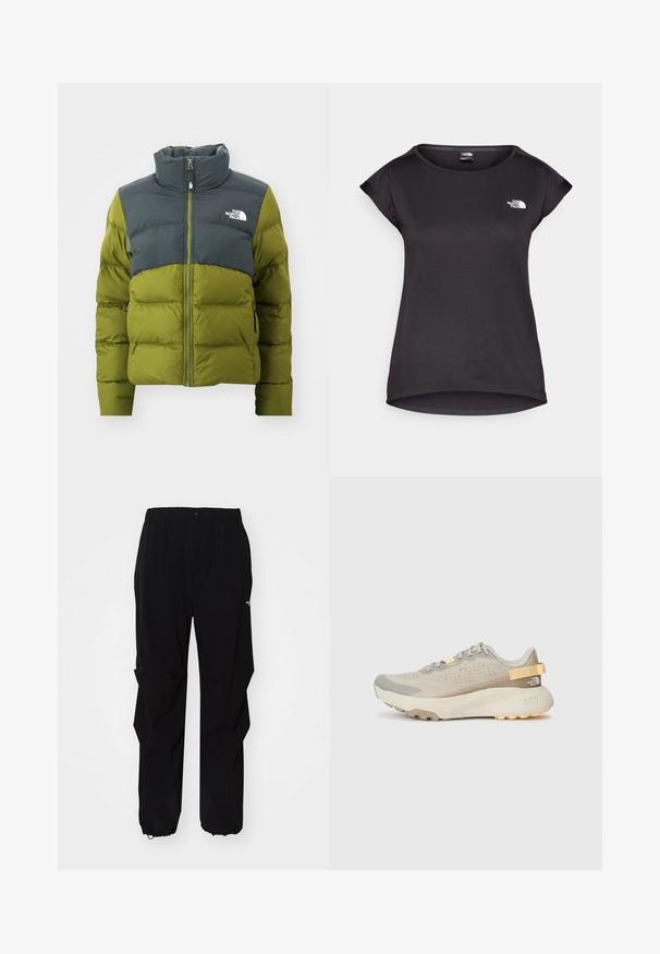 Jachetă puffer verde și gri din nailon, cu guler înalt, închidere cu fermoar și baffle pentru izolare. Pe pieptul stâng este afișat un logo.; The North Face TANKEN TANK - Bluză sport - black; Pantaloni negri de exterior, confecționați dintr-un material durabil, cu o croială relaxată, talie elastică și manșete strânse pentru lungime ajustabilă.; Pantofii de alergare de culoare bej deschis au un superior din plasă texturată, accente gri, talpă din cauciuc durabil și un tab de prindere la spate pentru a ușura îmbrăcarea.