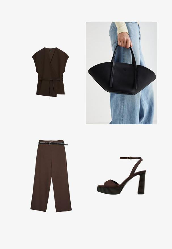Massimo Dutti DOUBLE-BREASTED V-NECK WITH TIES - Lichte jas - mottled dark brown; Bruine katoenen t-shirt met korte mouwen, ontspannen pasvorm, ronde halslijn, voorzien van een klein wit geborduurd tekst op de linkerborst.; Bruine wijde broek met een gladde textuur, voorzien van een zwarte riem en een op maat gemaakte tailleband, wat zorgt voor een gestructureerde pasvorm.; Bruine suède high-heeled sandaal met een open teen, verstelbare enkelband en een gestreepte plateauzool.; Zwarte leren handtas met een unieke waaier vorm, voorzien van platte handvatten. Het oppervlak heeft een gewelfde textuur en een minimalistisch ontwerp.